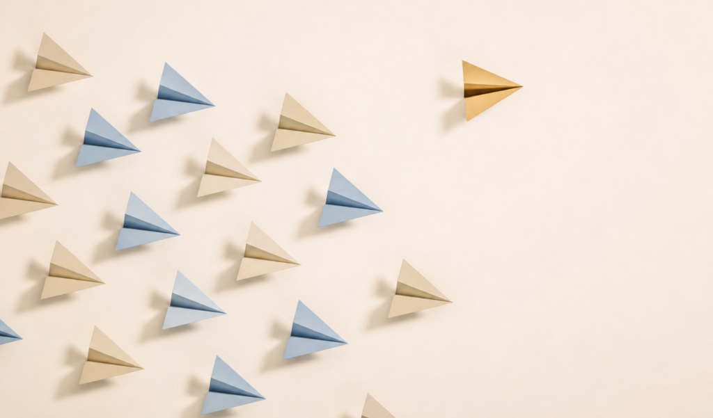 Paper planes flying in different directions